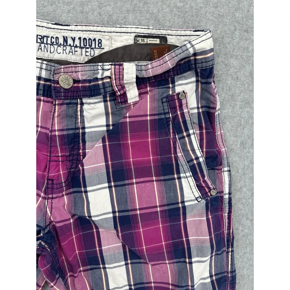 Esprit Mens W33 Plaid Cargo Shorts Pink Navy Cotton Drawstring Y2K